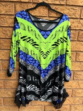 4/$25 • Peter Nygard Abstract Chevron Blouse – Neon Green, Blue, & Zebra Print
